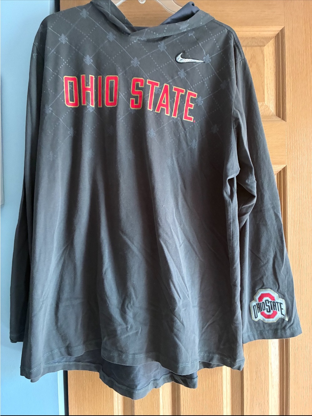 Nike Charcoal Gray Ohio State Hooded Long-Sleeve Shirt with Red Logo